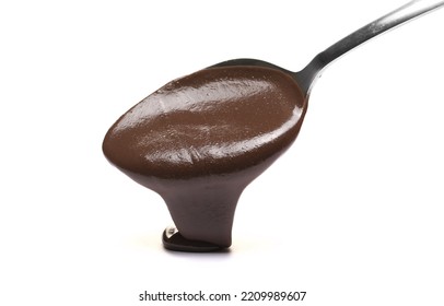 Sesame Butter Dripping With Cocoa, Tahini Paste In Spoon Isolated On White  