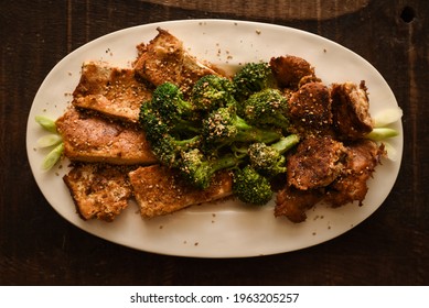 Sesame Encrusted Tofu With Broccoli And Mushrooms