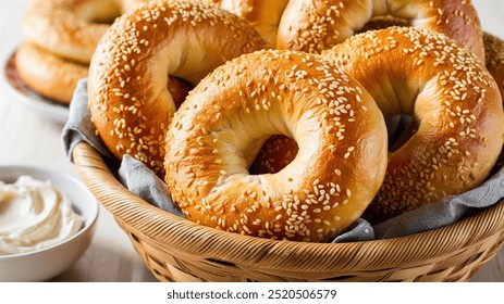 Sesame Seed Bagels: Chewy and golden, these bagels are sprinkled with nutty sesame seeds, perfect for spreading cream cheese or topping with smoked salmon for a delightful breakfast. - Powered by Shutterstock