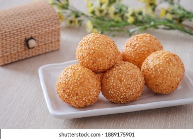 Sesame Seed Balls On White Plate