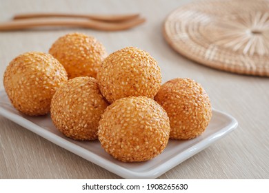 Sesame Seed Balls On White Plate