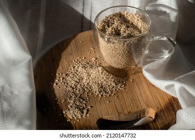 
Sesame Seeds On Wood Chopper With White Cloth