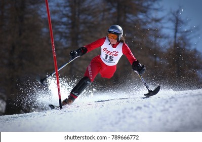 Sestriere, Italy - February 14, 2011: Athlete Woman With Physical Disabilities Trains In Alpine Skiing Slalom