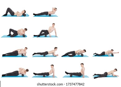 Set of 12 exercises using a foam roller for a myofascial release massage of trigger points. Massage of the posterior thigh muscle. Isolated on white. - Powered by Shutterstock