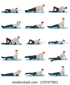 Set of 15 exercises using a foam roller for a myofascial release massage of trigger points. Massage of the posterior thigh muscle. Isolated on white.