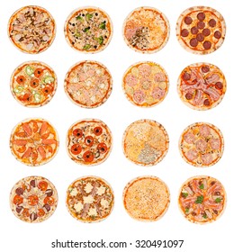 set from 16 type of pizza on a white background