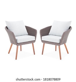 Set Of 2 Brown Wicker Chairs With Cushions Isolated. Collection Of Two All-Weather Outdoor Weave Rattan Loveseat. Outdoor Armchair. Dining Loose Back Chair With Fabric Cushion Seat. Patio Furniture