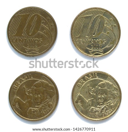 Set of 2 (two) different years Brazilian 10 Centavos steel plated brass coins lot 2009, 2011 year, Brazil. The coins feature a portrait of Brazilian emperor Pedro I and a horseman on background.