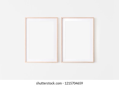 Set Of 2 Wooden Large 50x70, 20x28, A3,a4, Frame Mockup With Mat On White Wall. Poster Mockup. Clean, Modern, Minimal Frame. Empty Fra.me Indoor Interior, Show Text Or Product