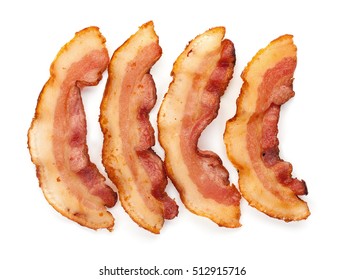 Set Of 3 Cooked Slices Of Bacon Isolated On White Background Top View Close Up