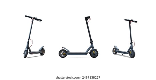 Set of 3 electric scooters from different angles isolated on white background