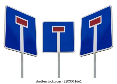 Set Of 3 Three Traffic Signs Dead End Straight, Left, Right. No Way Sign Isolated On White Background