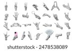 Set of 3d hand gestures ok, peace, thumb up, dislike, point to object, holding magnifier, money, writing, measuring isolated on a white background. Contemporary art, creative collage. Modern design