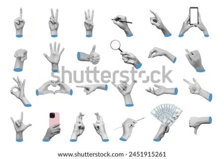 Set of 3d hand gestures ok, peace, thumb up, dislike, point to object, holding magnifier, money, mobile phone, writing isolated on a white background. Contemporary art, creative collage. Modern design