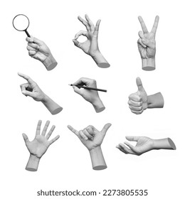 Set of 3d hands showing gestures such as ok, peace, thumb up, point to object, shaka, holding magnifying glass, writing isolated on white background. Contemporary art in magazine style. Modern design