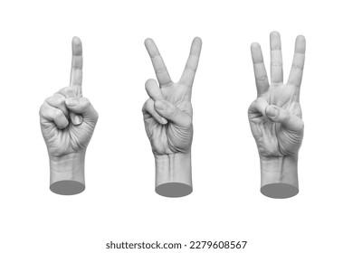 Set of 3d hands showing gestures counting one, two, three numbers isolated on a white background. Trendy creative collage in magazine urban style. Contemporary art. Modern design. Hand signs - Shutterstock ID 2279608567