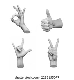 Set of 3d hands showing gestures such as ok, peace, thumb up and rock isolated on white background. 3d trendy collage in magazine style. Contemporary art. Modern design. Approval signs. Success