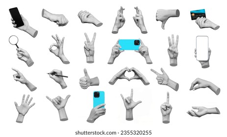 Set of 3d hands showing gestures ok, peace, thumb up, dislike, point to object, holding magnifier, mobile phone, bank card,writing on white background. Contemporary art,creative collage. Modern design
