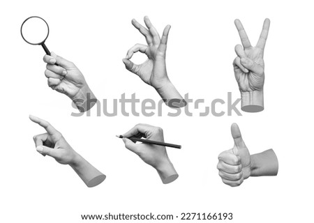 Set of 3d hands showing gestures such as ok, peace, thumb up, point to object, holding a magnifying glass, writing isolated on white background. Contemporary art in magazine style. Modern design