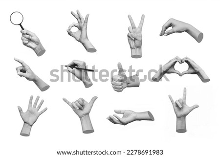 Set of 3d hands showing gestures as ok, peace, thumb up, point to object, shaka, rock, holding magnifying glass, writing isolated on white background. Contemporary art, creative collage. Modern design