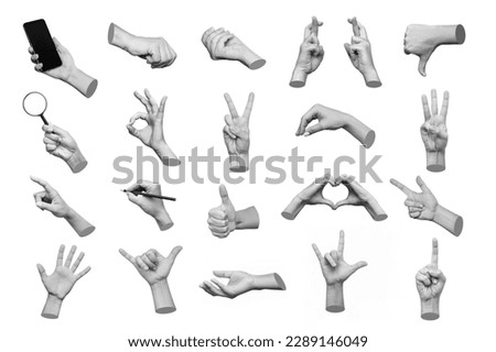 Set of 3d hands showing gestures ok, peace, thumb up, dislike, point to object, shaka, rock, holding magnifying glass, writing on white background. Contemporary art, creative collage. Modern design