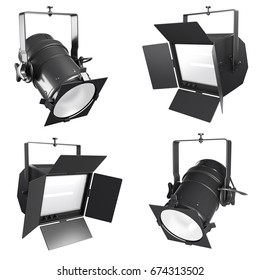 Set Of 3d Spotlight, Soffit Or Floodlight Isolated On White Background. Collection Of Stage Lighting Illustration