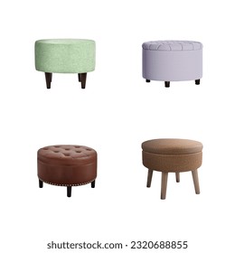 Set of 4 different padded stools with wooden legs isolated on white background. Series of furniture