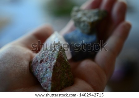 Set of 4 Raw Crystal Bundle. Natural Rough Crystals Kit: Unakite, Lapis Lazuli, Ocean Jasper, Rose Quartz. Crystal Variety Bundle Set. Low exposure natural light macro photography. 