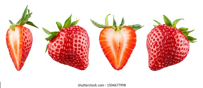 Set of 4 ripe strawberries in a row isolated on white background. 100 percent sharpness. - Shutterstock ID 1504677998