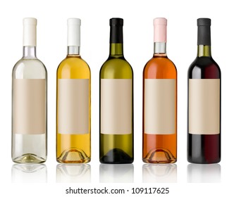 Set 5 bottles of wine with white labels isolated on white background. - Shutterstock ID 109117625