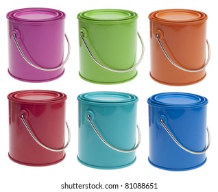 Set Of 6 Colored Paint Cans In Pink, Green, Orange, Red, Turquoise And Blue Isolated On White With A Clipping Path.