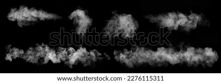 A set of 6 different steam, smoke, gas isolated on a black background. Swirling, writhing smoke to overlay on your photos. Smoky banner