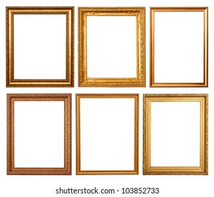 Set Of 6 Gold Frames. Isolated Over White Background