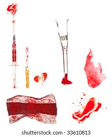 Set Of 7 Medicine Object Stained With Blood: Syringe, Pipette,pill, Pincers With Fabric, Bandage, Plaster And Big Blood Stain. Objects Isolated On White With Clipping Paths. Use In Your Creapy Design!