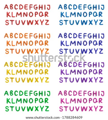 Set of 8 different colors plasticine english alphabet A-Z. Handmade latin letters isolated on white