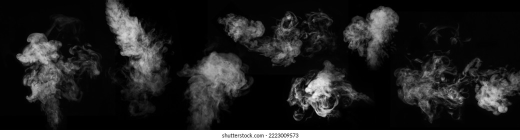 A set of 8 different steam, smoke, gas isolated on a black background. Swirling, writhing smoke to overlay on your photos. Heart-shaped smoke. Smoky banner - Shutterstock ID 2223009573