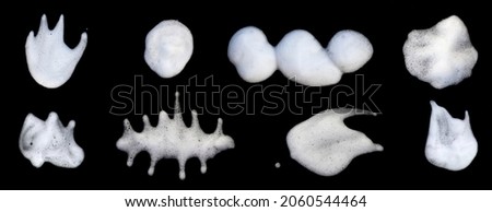 Set 8 pcs of white soapy foam texture. Shampoo foam with bubbles.White facial foam creamy bubble soap sponge isolated on black background.
