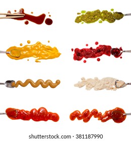 Set Of 8 Savory Sauces And Toppings Isolated On White. Soy Sauce, Curry, Mustard, Barbecue Sauce. Pesto, Cranberry Sauce, Horseradish, Chili Sauce.  Every Item Can Be Used Separately. 