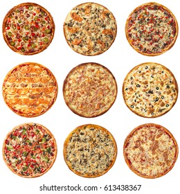 Set Of 9 Different Pizza. Isolated On White. Top View