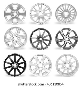 Set Of 9 Isolated Car Rims On White Background