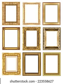 set 9 of vintage gold frame isolated on white background. 