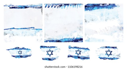 Set of Abstract Backgrounds for Israel. Collection of watercolor flags for Independence Day. Texture hand drawing. Square templates for social media. - Shutterstock ID 1106198216