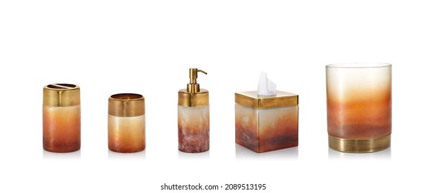 Set of accessories for bath and personal hygiene on white background, Beautiful hygiene set, Golden Bath Accessories - Shutterstock ID 2089513195