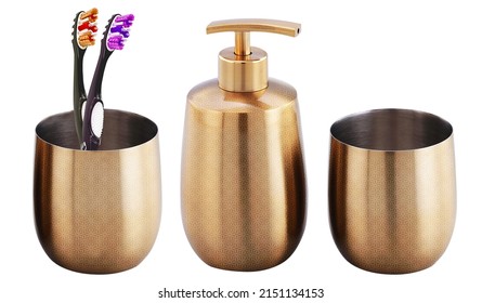Set of accessories for bath and personal hygiene on white background, Beautiful hygiene set, Golden Bath Accessories - Shutterstock ID 2151134153