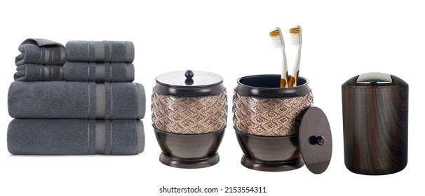Set of accessories for bath and personal hygiene on white background, Beautiful hygiene set, black Bath Accessories with towel - Shutterstock ID 2153554311