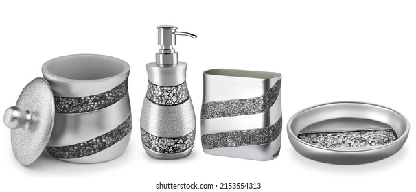 Set of accessories for bath and personal hygiene on white background, Beautiful hygiene set, silver Bath Accessories