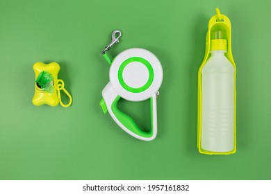 Set of accessories for walking your dog: leash, bottle for water, dog cleaning bags on green background. 
 Pet care and training for pet owners.