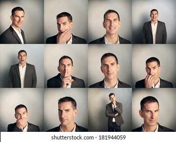 Set Of Adult Man's Portraits With Different Emotions