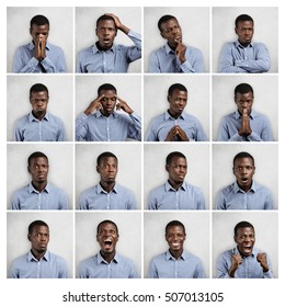 Set of African man dressed in blue shirt showing different emotions: sadness, surprise, anger. Collage of emotional male demonstrating various feelings and making diverse gestures on white background