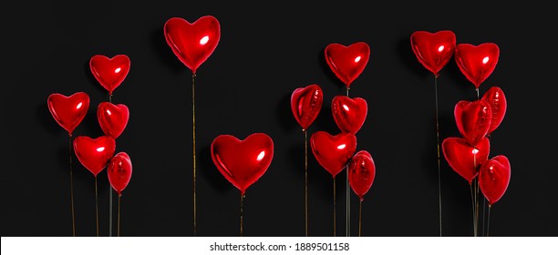 Set of Air Balloons. Bunch of red color heart shaped foil balloons isolated on black background. Love. Holiday celebration. Valentine's Day party decoration. Metallic red  Heart air balloons - Powered by Shutterstock